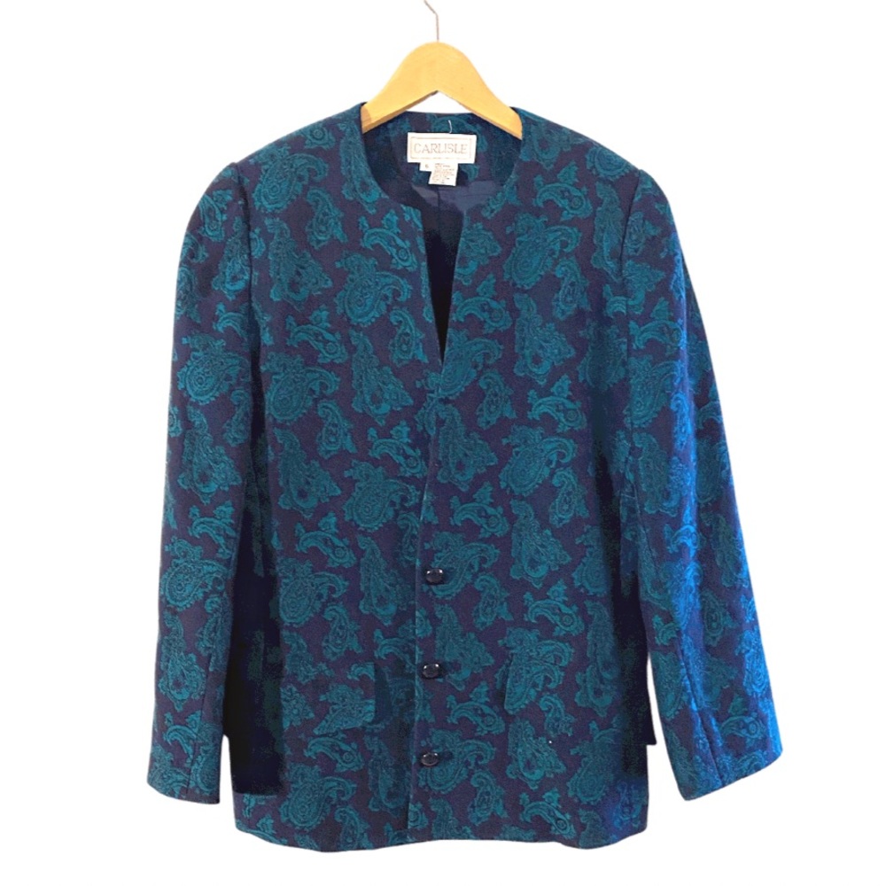 Carlisle Wool Blazer Padded Shoulders Collarless Pockets Sz 6